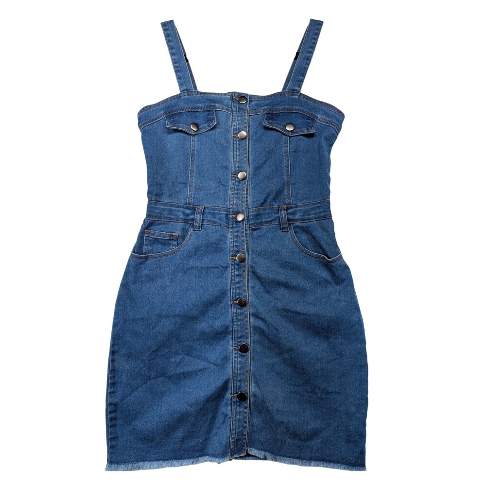 Rue 21 Denim Button Front Pinafore Dress Frayed Hem Blue Size‎ M